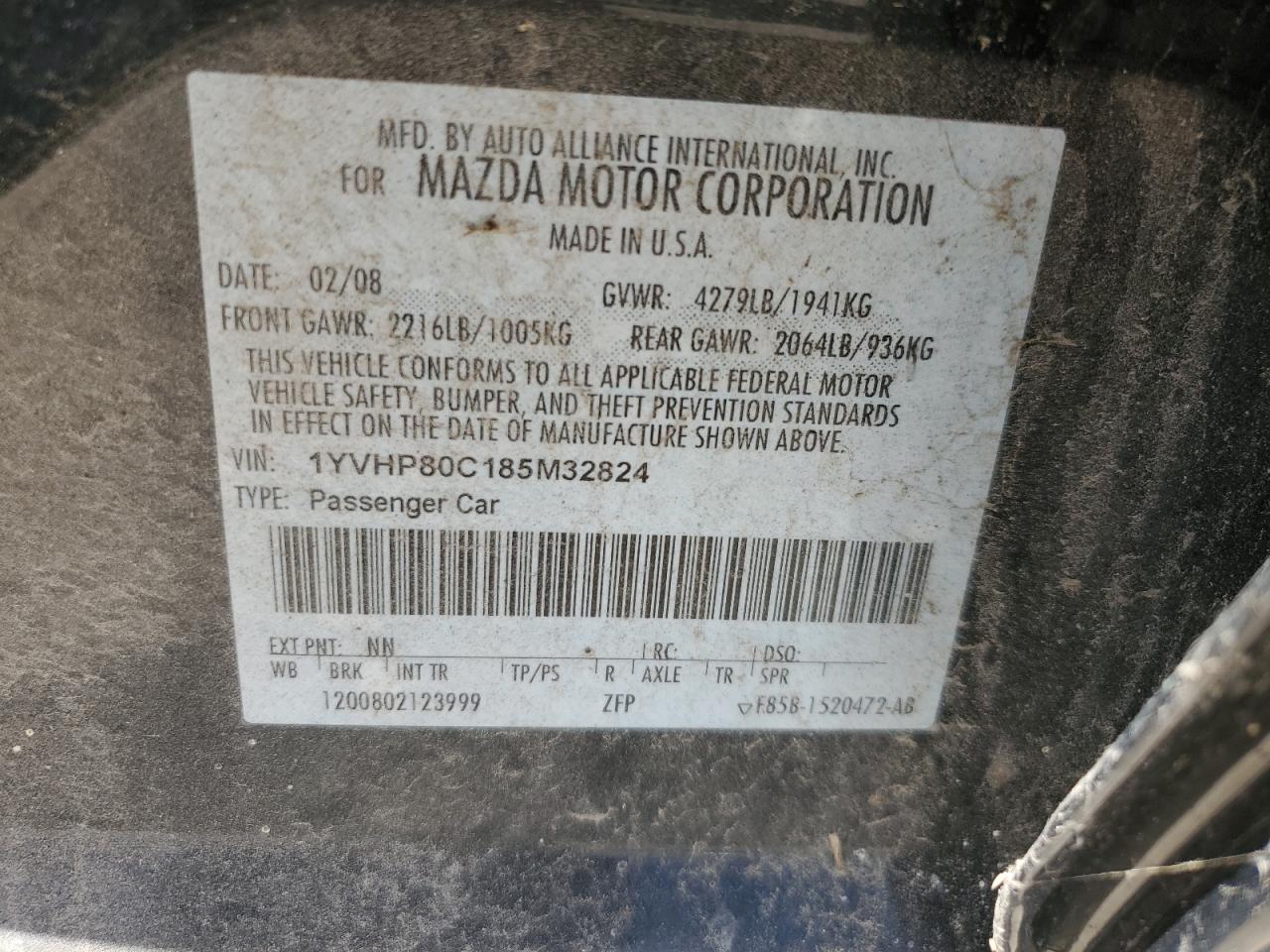2008 Mazda 6 I VIN: 1YVHP80C185M32824 Lot: 53187725