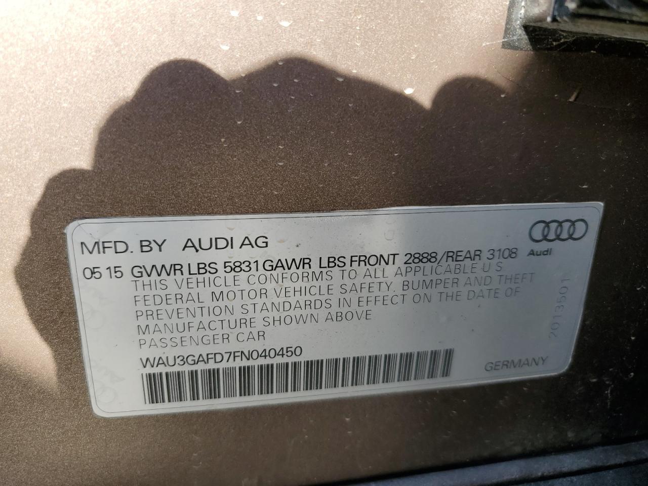 2015 Audi A8 L Quattro VIN: WAU3GAFD7FN040450 Lot: 52540785