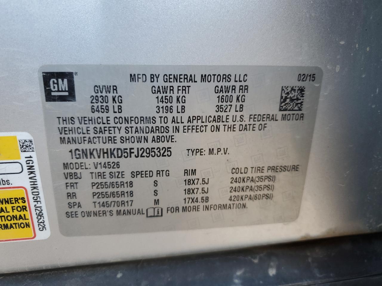 1GNKVHKD5FJ295325 2015 Chevrolet Traverse Lt