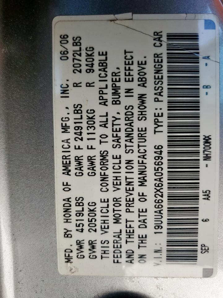 2006 Acura 3.2Tl VIN: 19UUA662X6A056946 Lot: 52027185