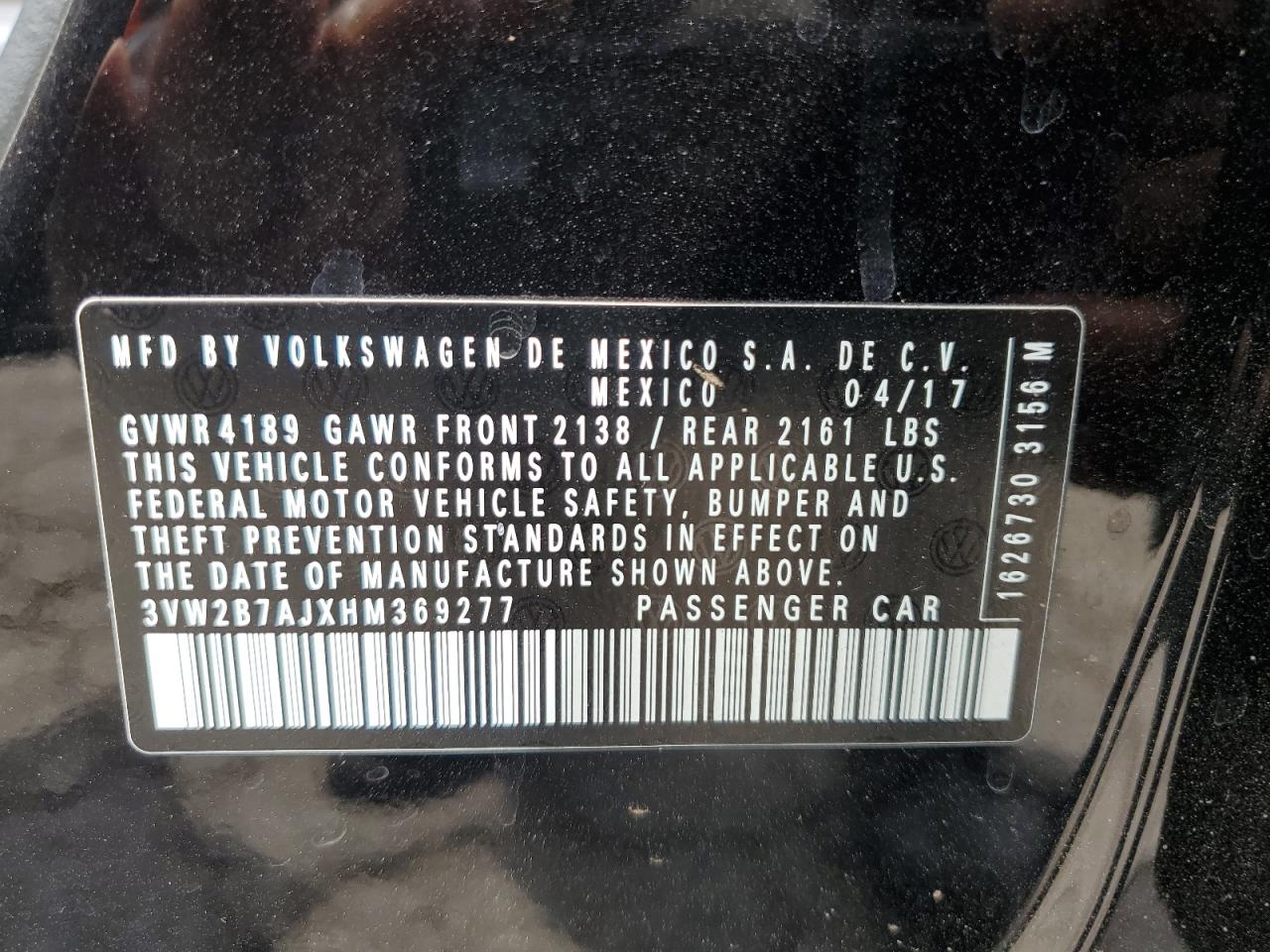 2017 Volkswagen Jetta S VIN: 3VW2B7AJXHM369277 Lot: 53367585