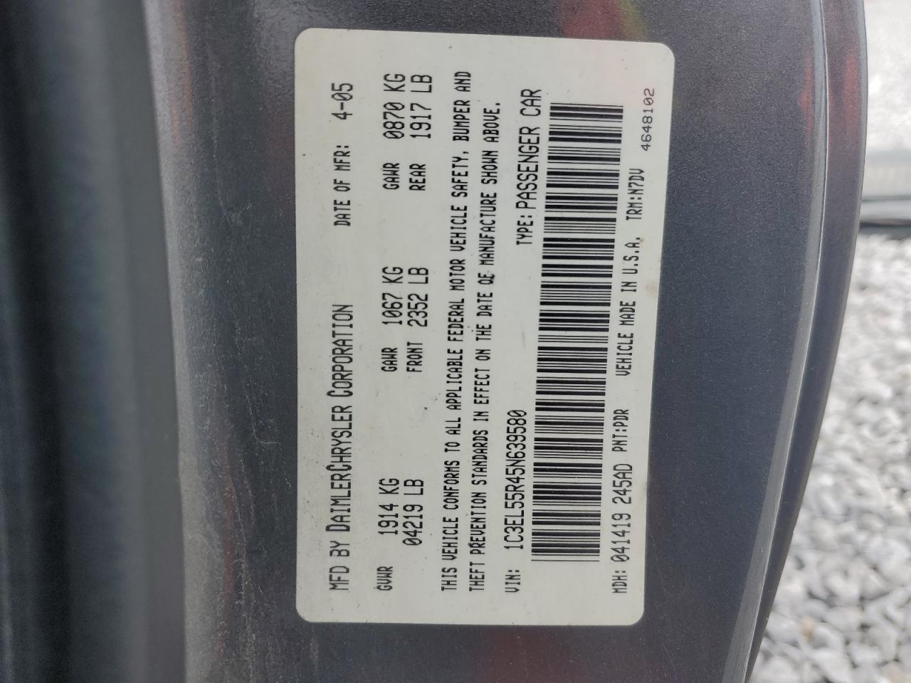 2005 Chrysler Sebring Touring VIN: 1C3EL55R45N639580 Lot: 51017255