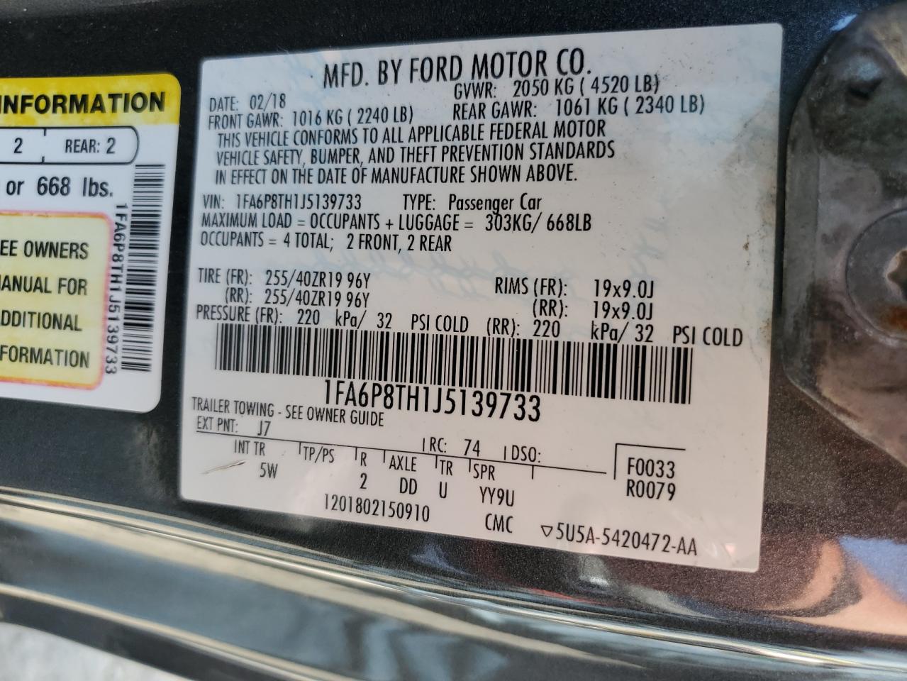 2018 Ford Mustang VIN: 1FA6P8TH1J5139733 Lot: 54195405