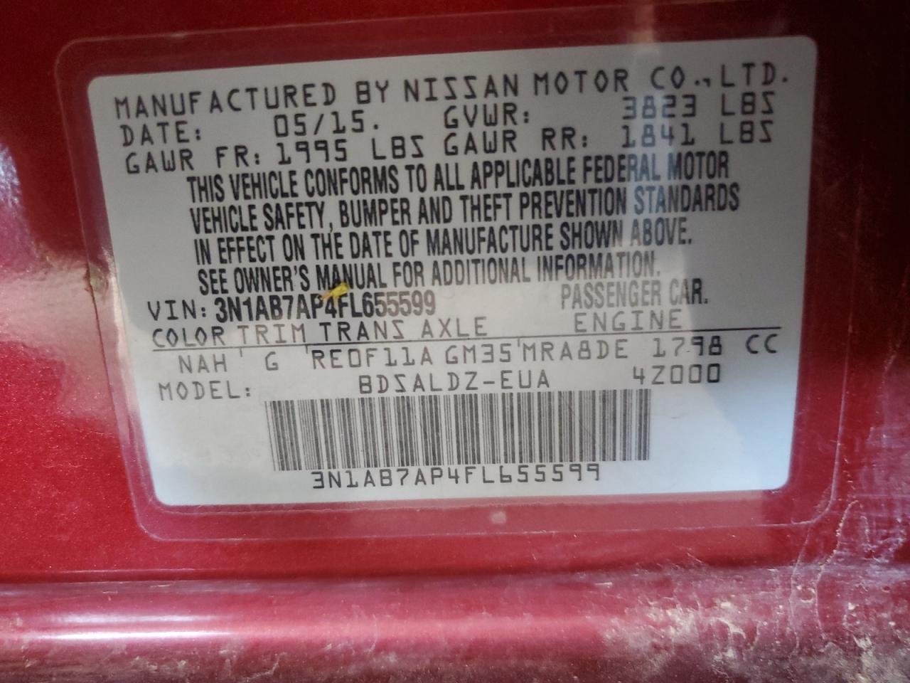 2015 Nissan Sentra S VIN: 3N1AB7AP4FL655599 Lot: 54704795