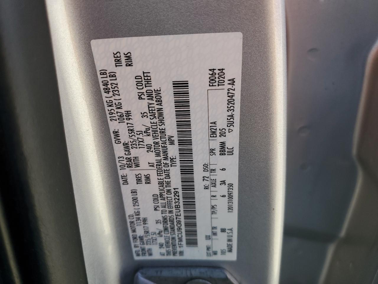 2014 Ford Escape Se VIN: 1FMCU9G97EUB32291 Lot: 53189165