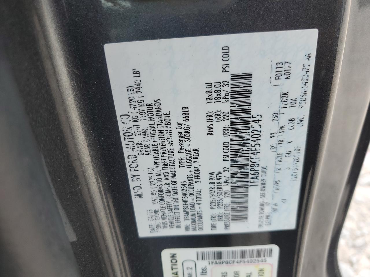 2015 Ford Mustang Gt VIN: 1FA6P8CF4F5402545 Lot: 53625405