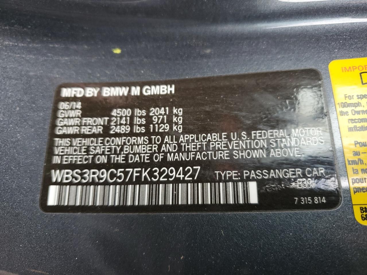 2015 BMW M4 VIN: WBS3R9C57FK329427 Lot: 53252995