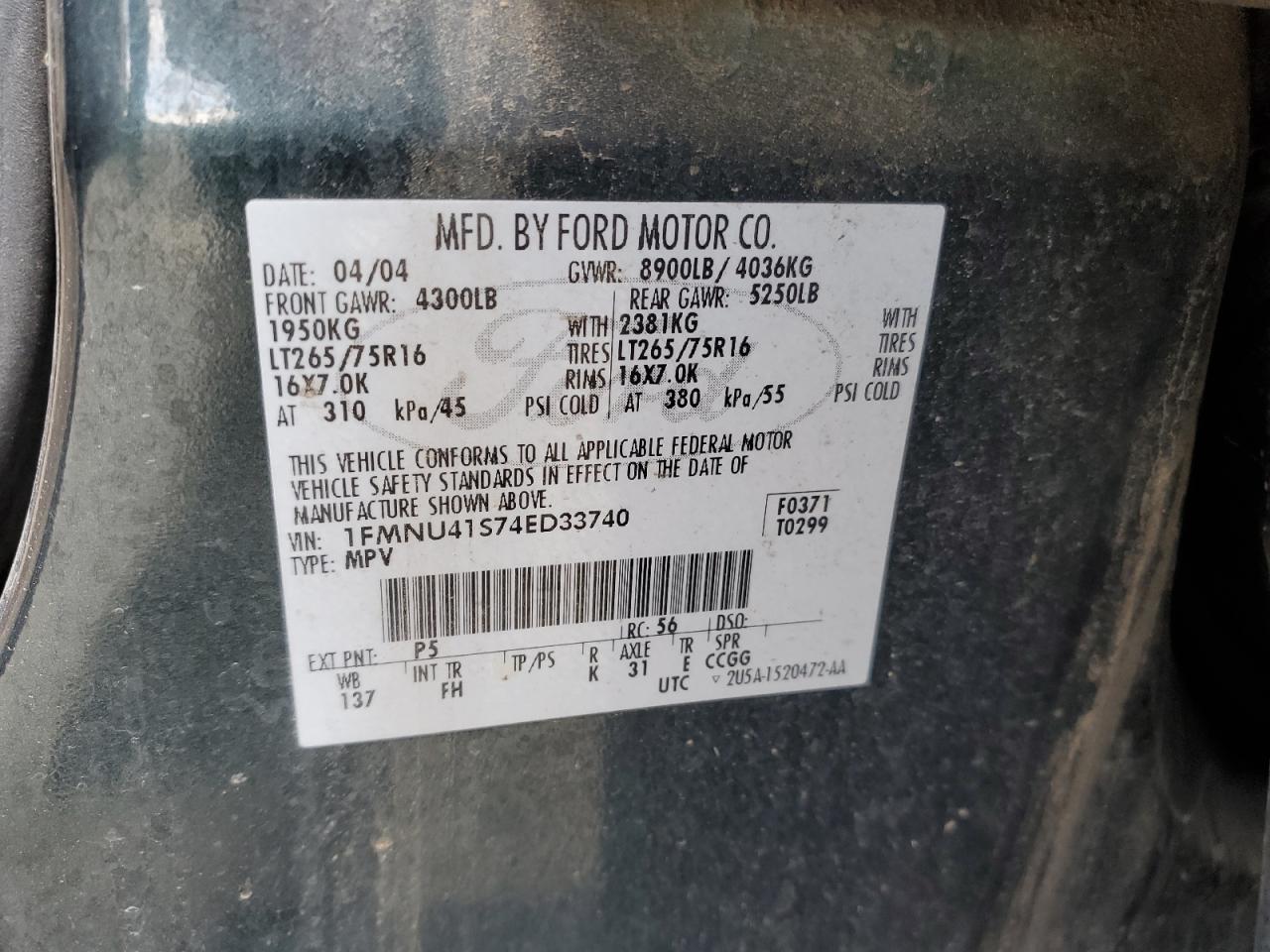 2004 Ford Excursion Xlt VIN: 1FMNU41S74ED33740 Lot: 51643285