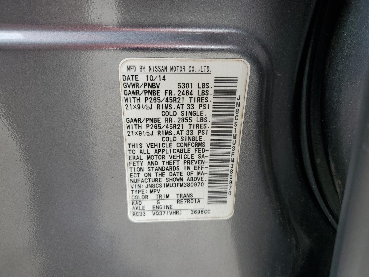 2015 Infiniti Qx70 VIN: JN8CS1MU3FM380970 Lot: 54387985