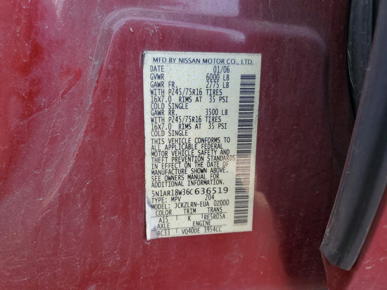2006 Nissan Pathfinder Le VIN: 5N1AR18W36C636519 Lot: 54298465