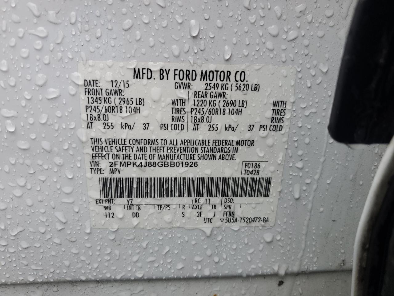 2016 Ford Edge Sel VIN: 2FMPK4J88GBB01926 Lot: 52251765