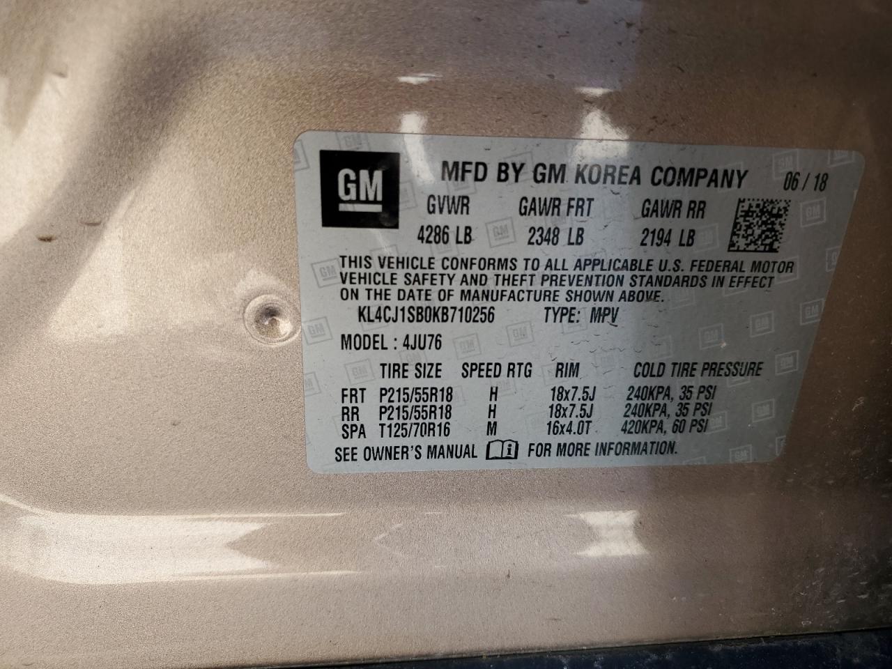 2019 Buick Encore Sport Touring VIN: KL4CJ1SB0KB710256 Lot: 52175345