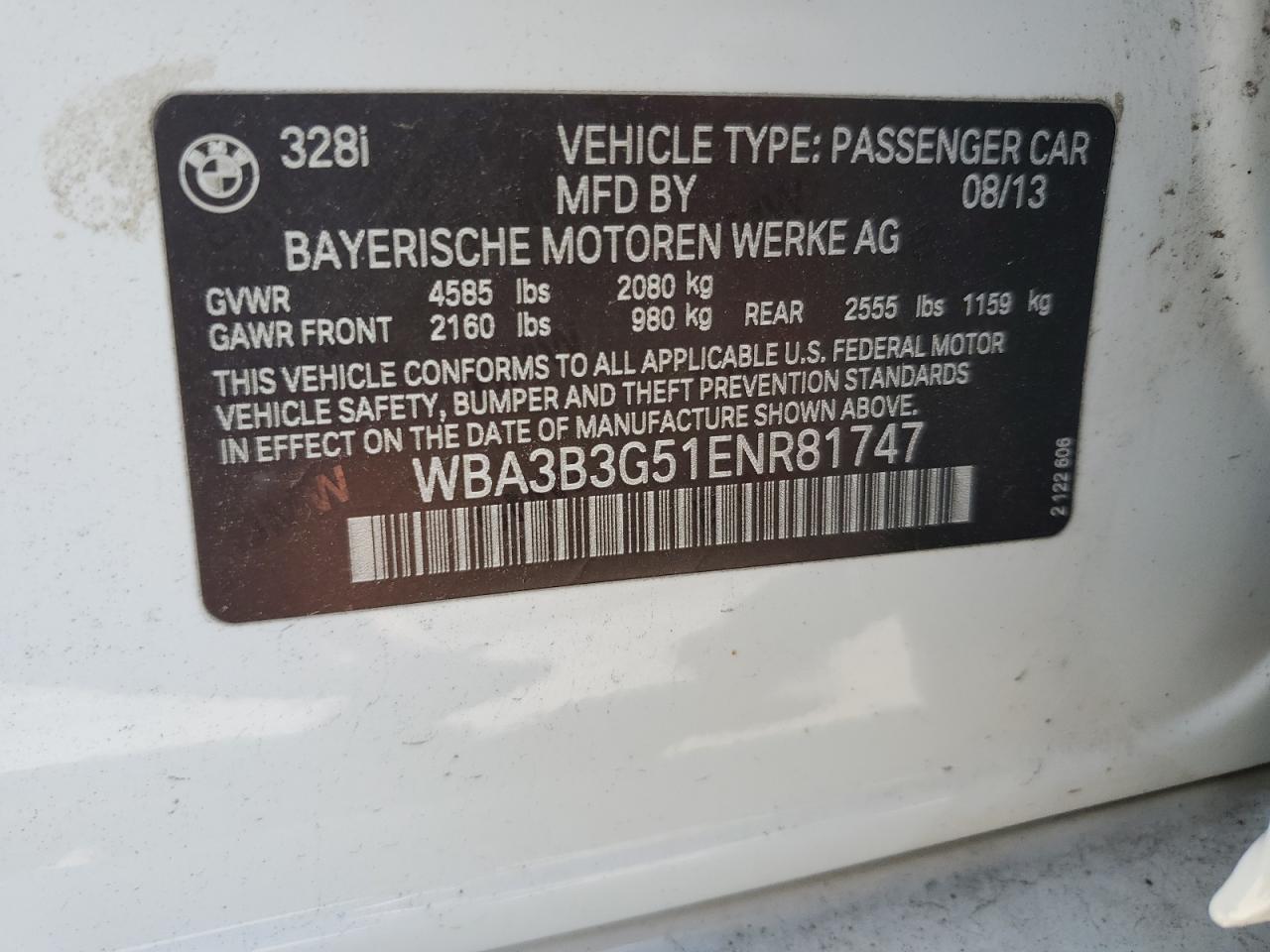 2014 BMW 328 Xi VIN: WBA3B3G51ENR81747 Lot: 50889705