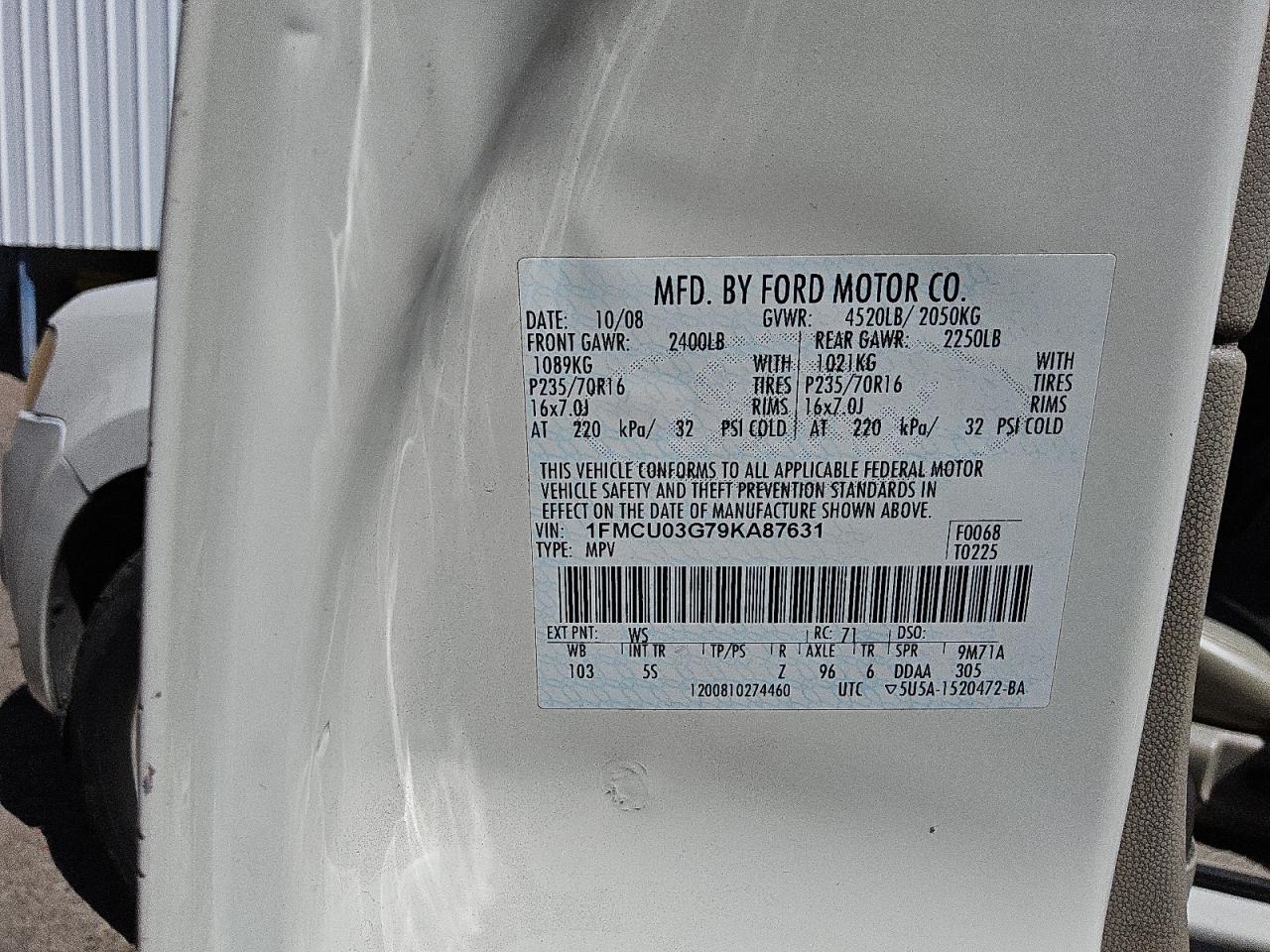2009 Ford Escape Xlt VIN: 1FMCU03G79KA87631 Lot: 53095295