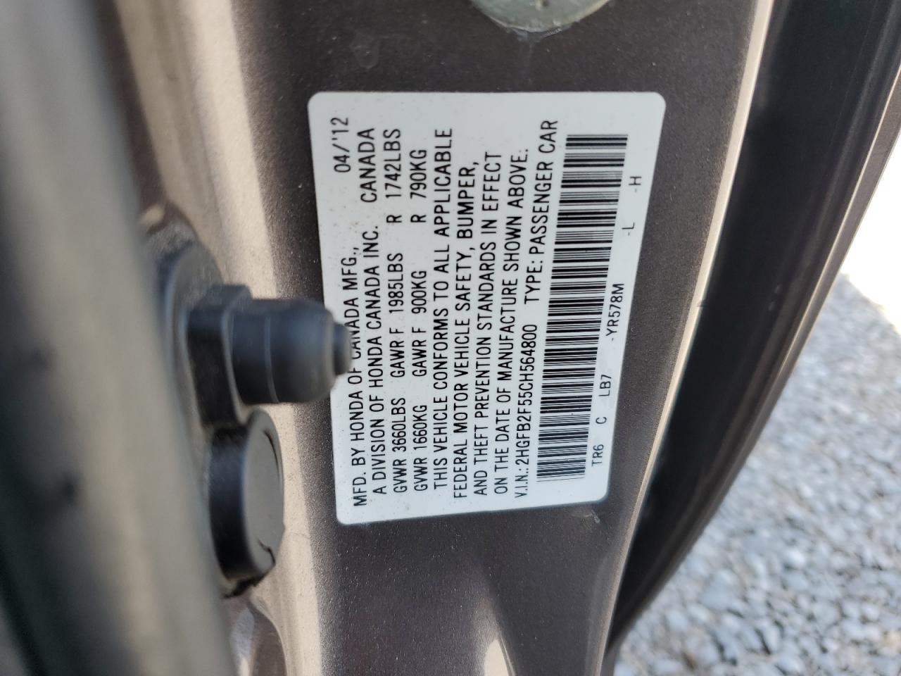 2012 Honda Civic Lx VIN: 2HGFB2F55CH564800 Lot: 54702905