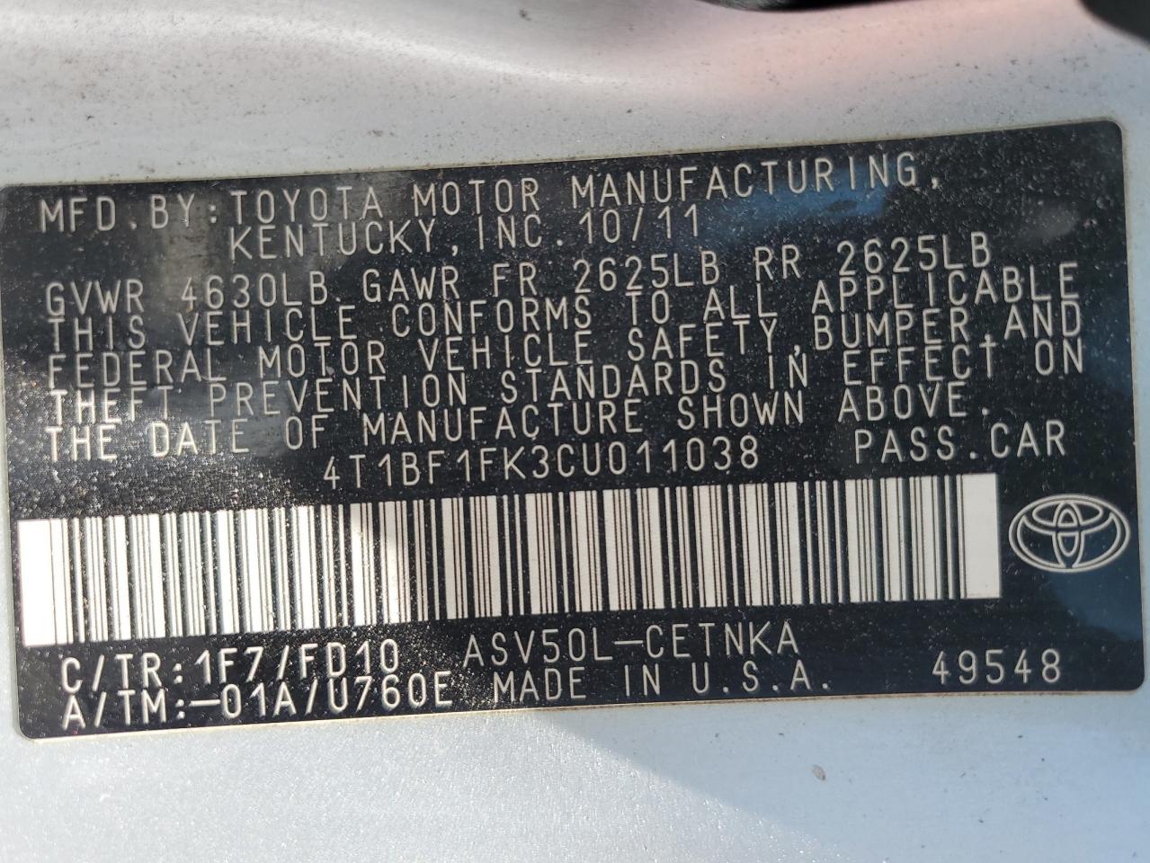 2012 Toyota Camry Base VIN: 4T1BF1FK3CU011038 Lot: 55302105