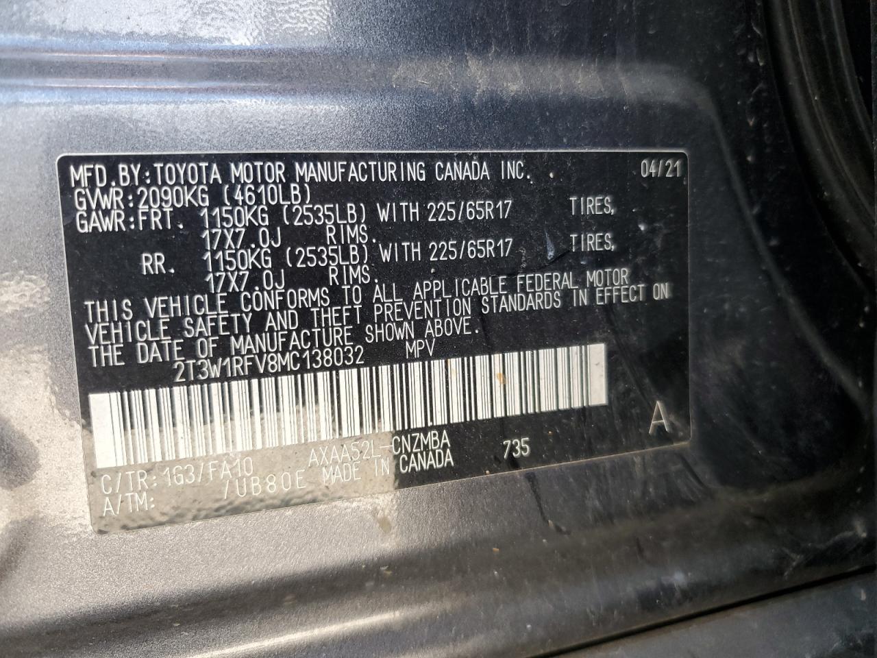 2021 Toyota Rav4 Xle VIN: 2T3W1RFV8MC138032 Lot: 54757295