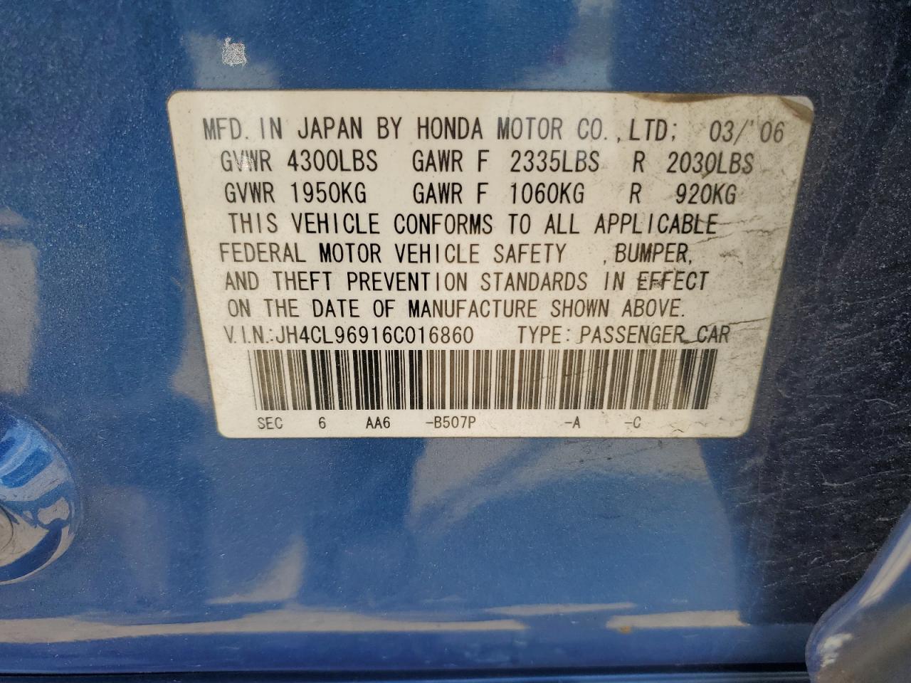 jh4cl96916c016860 JH4CL96916C016860 2006 Acura Tsx
