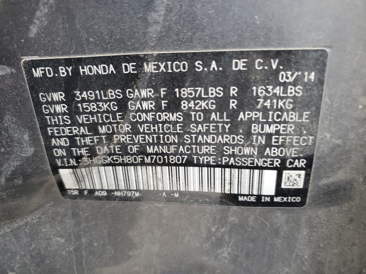 3hggk5h80fm701807 3HGGK5H80FM701807 2015 Honda Fit Ex