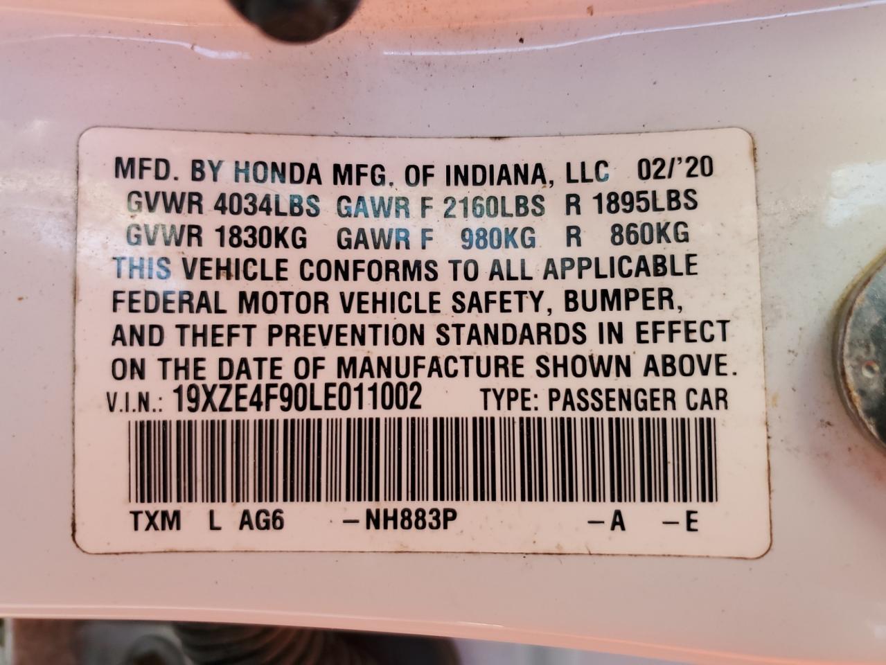2020 Honda Insight Touring VIN: 19XZE4F90LE011002 Lot: 52869425
