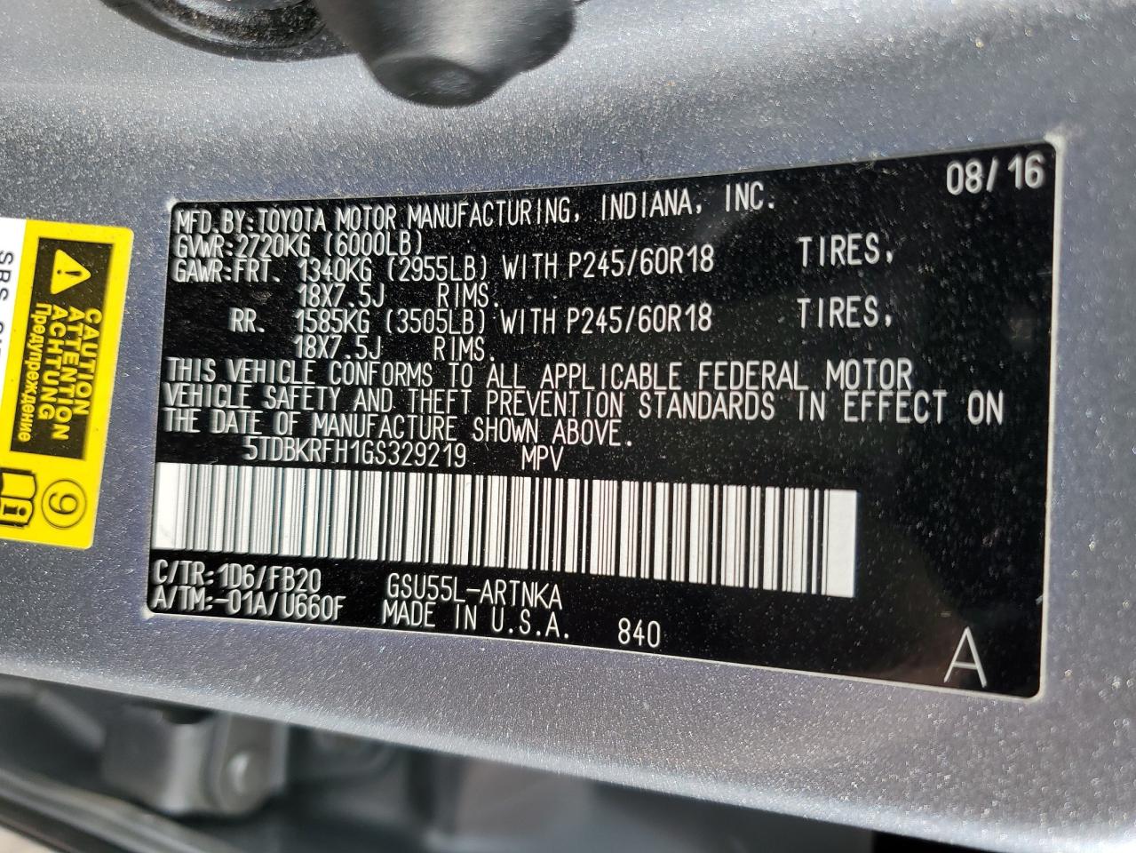 5TDBKRFH1GS329219 TOYOTA HIGHLANDER 2016