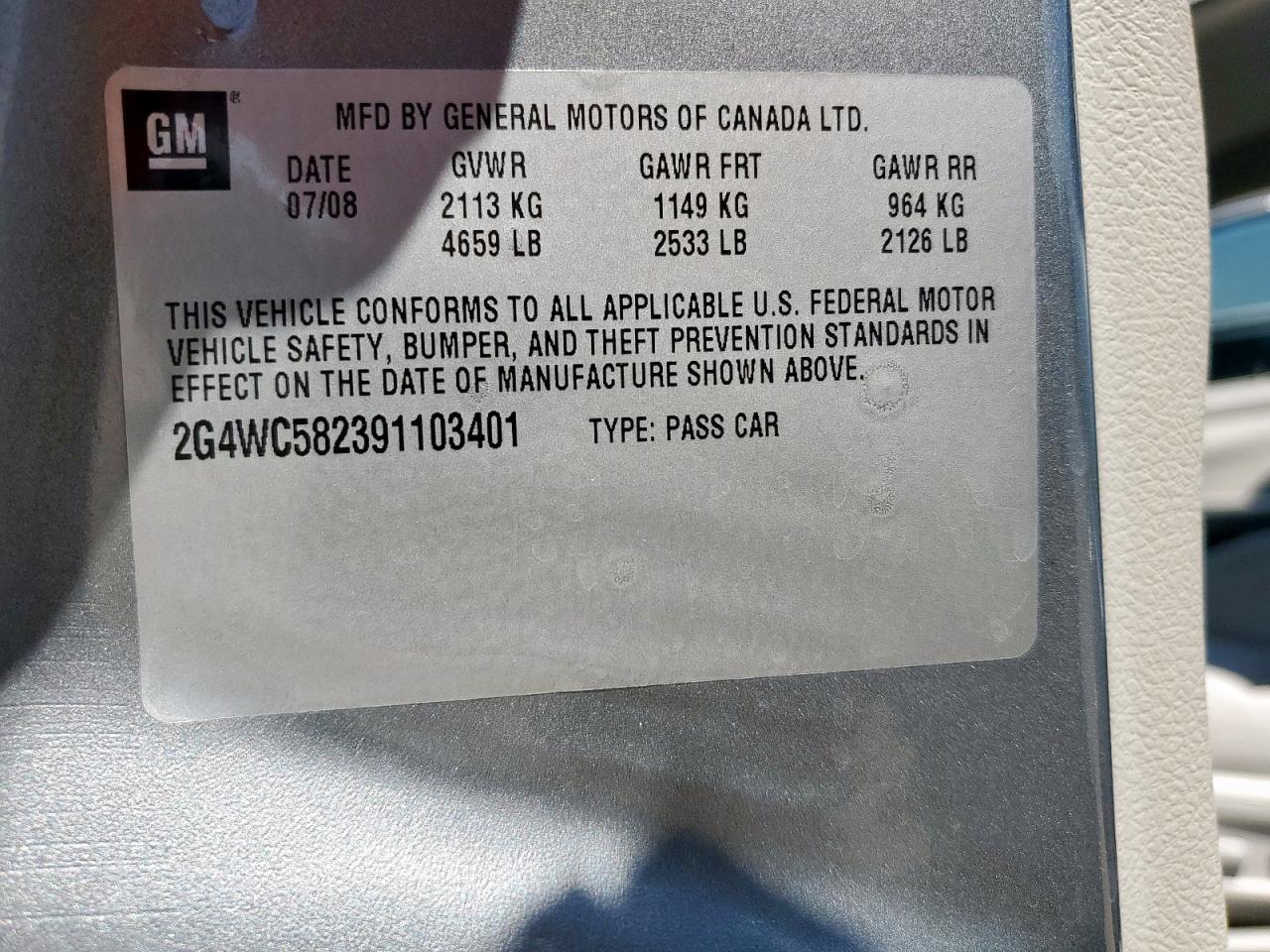 2009 Buick Lacrosse Cx VIN: 2G4WC582391103401 Lot: 53368135