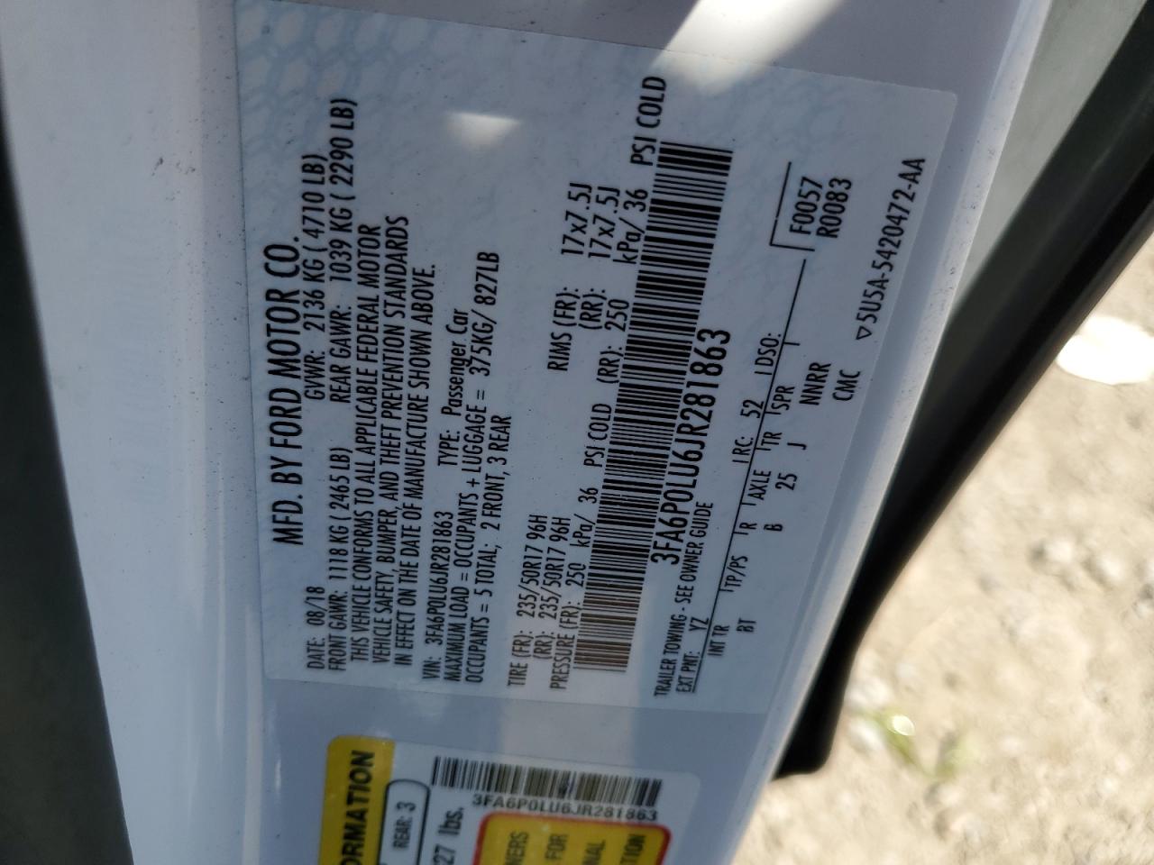 2018 Ford Fusion Se Hybrid VIN: 3FA6P0LU6JR281863 Lot: 54040615