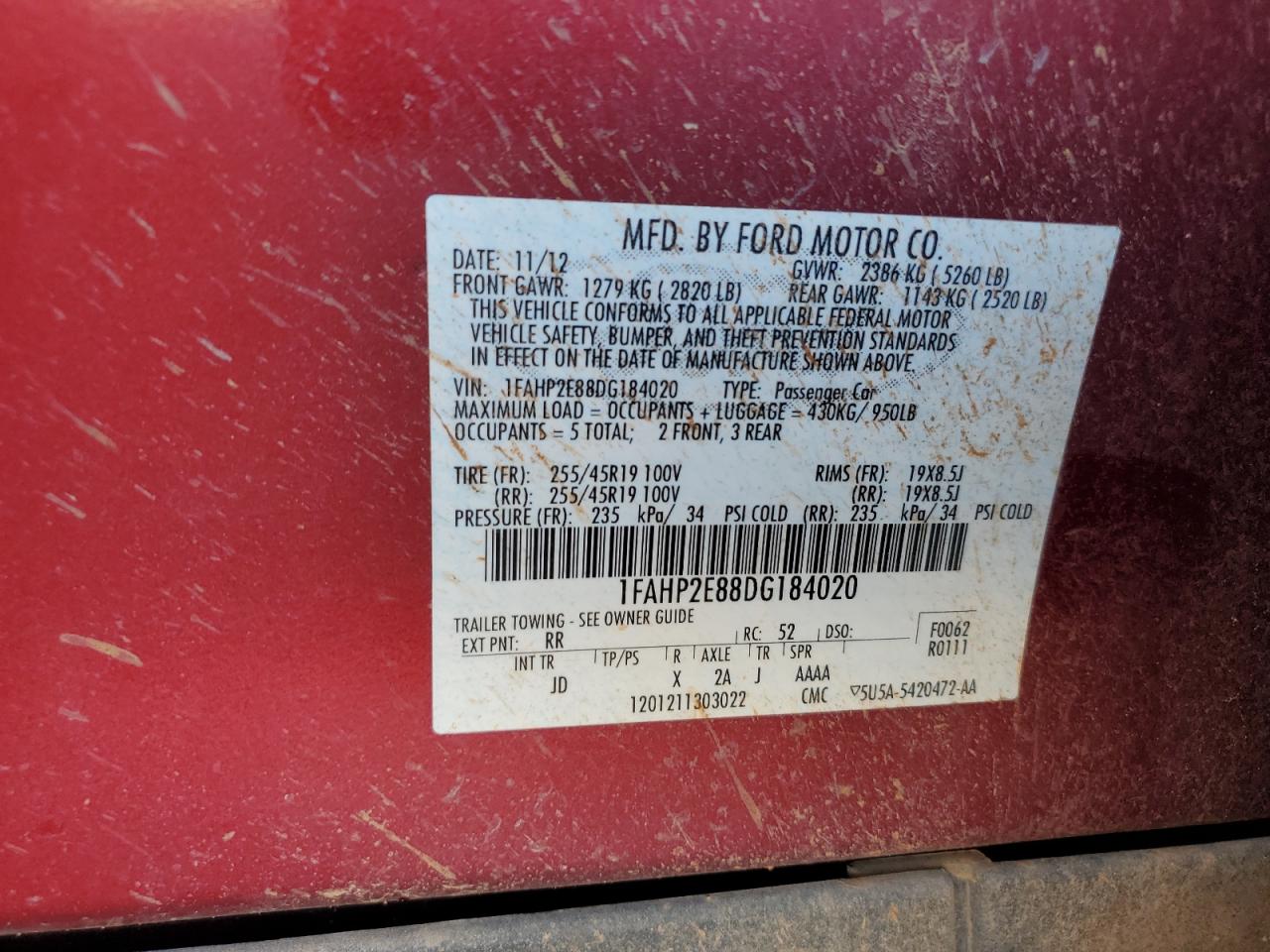 2013 Ford Taurus Sel VIN: 1FAHP2E88DG184020 Lot: 53714095