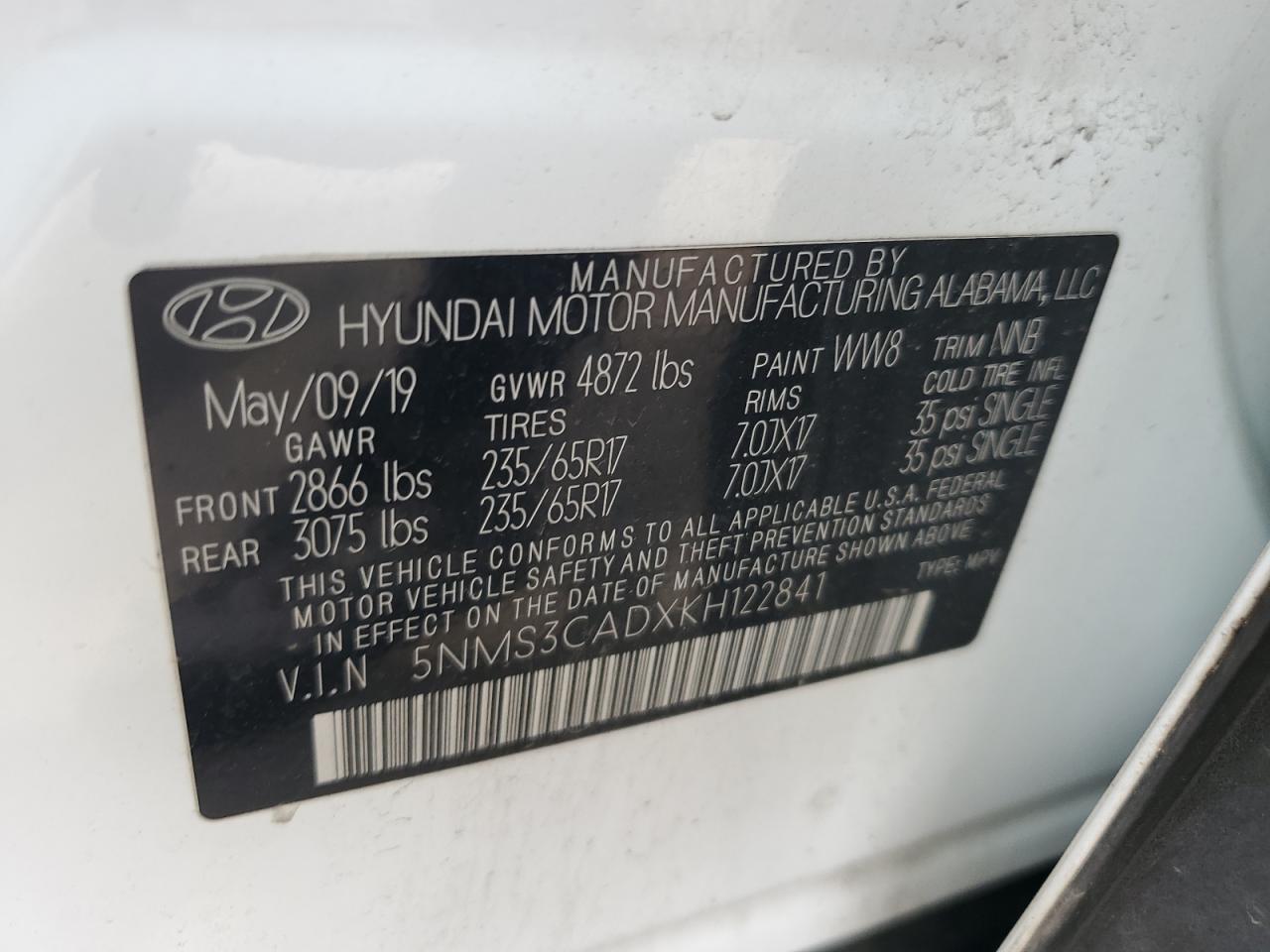 2019 Hyundai Santa Fe Sel VIN: 5NMS3CADXKH122841 Lot: 53617865