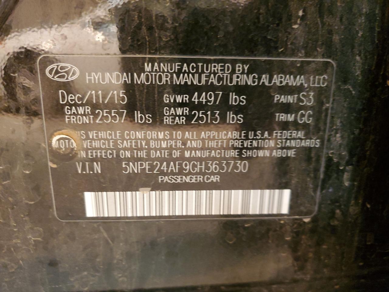 2016 Hyundai Sonata Se VIN: 5NPE24AF9GH363730 Lot: 51825405