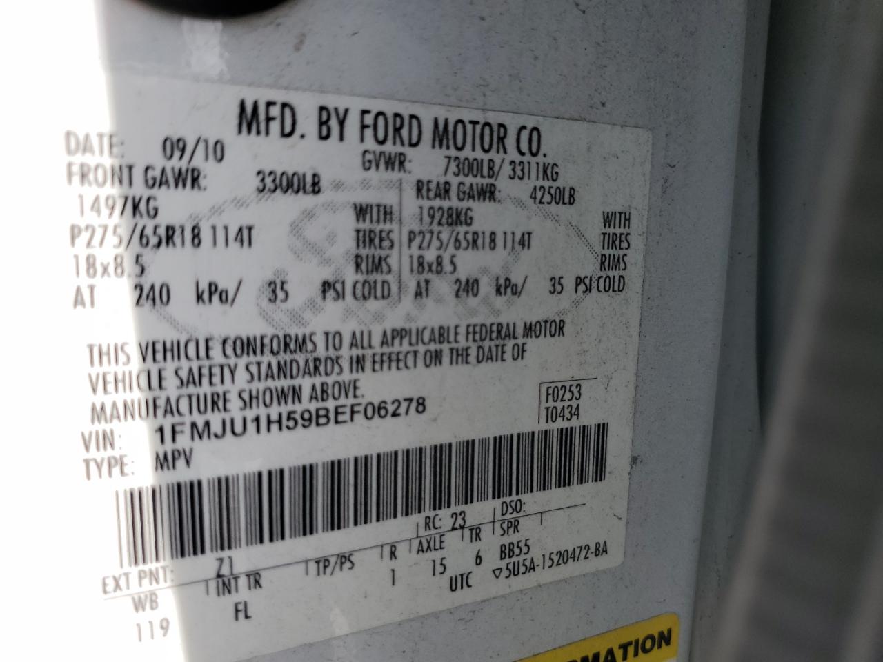 2011 Ford Expedition Xlt VIN: 1FMJU1H59BEF06278 Lot: 54665455