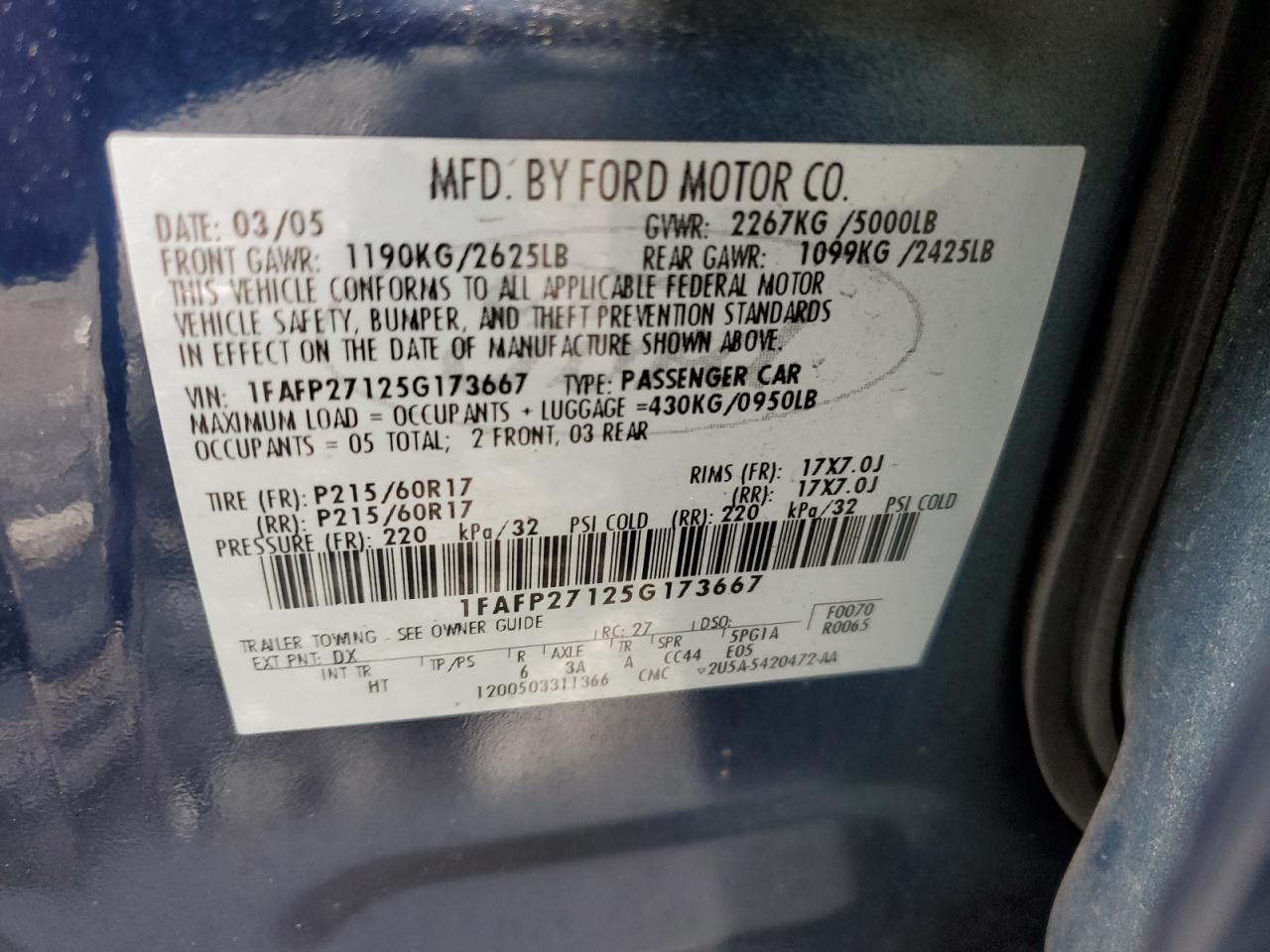 2005 Ford Five Hundred Sel VIN: 1FAFP27125G173667 Lot: 52367745