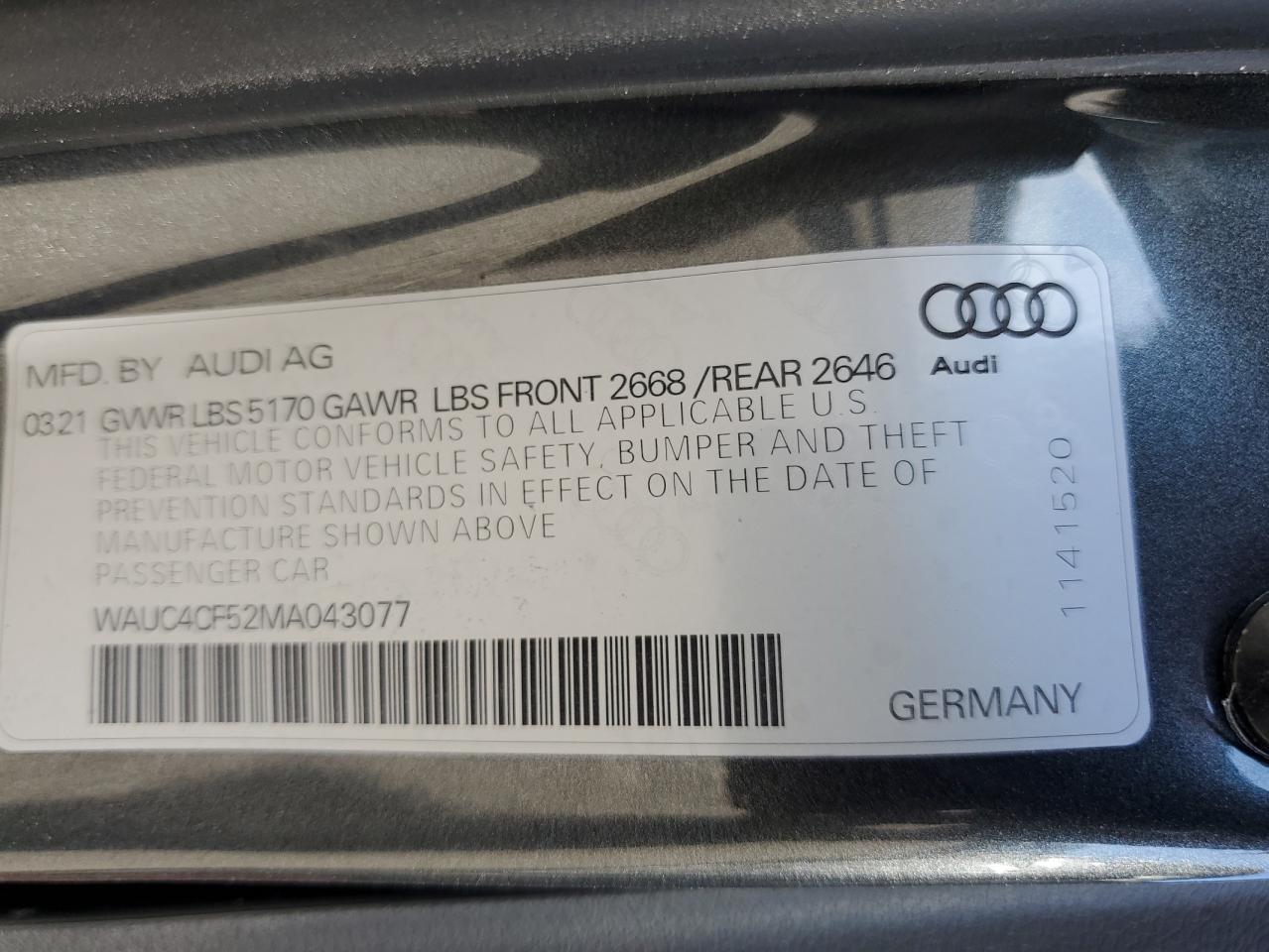 2021 Audi S5 Premium Plus VIN: WAUC4CF52MA043077 Lot: 54104275