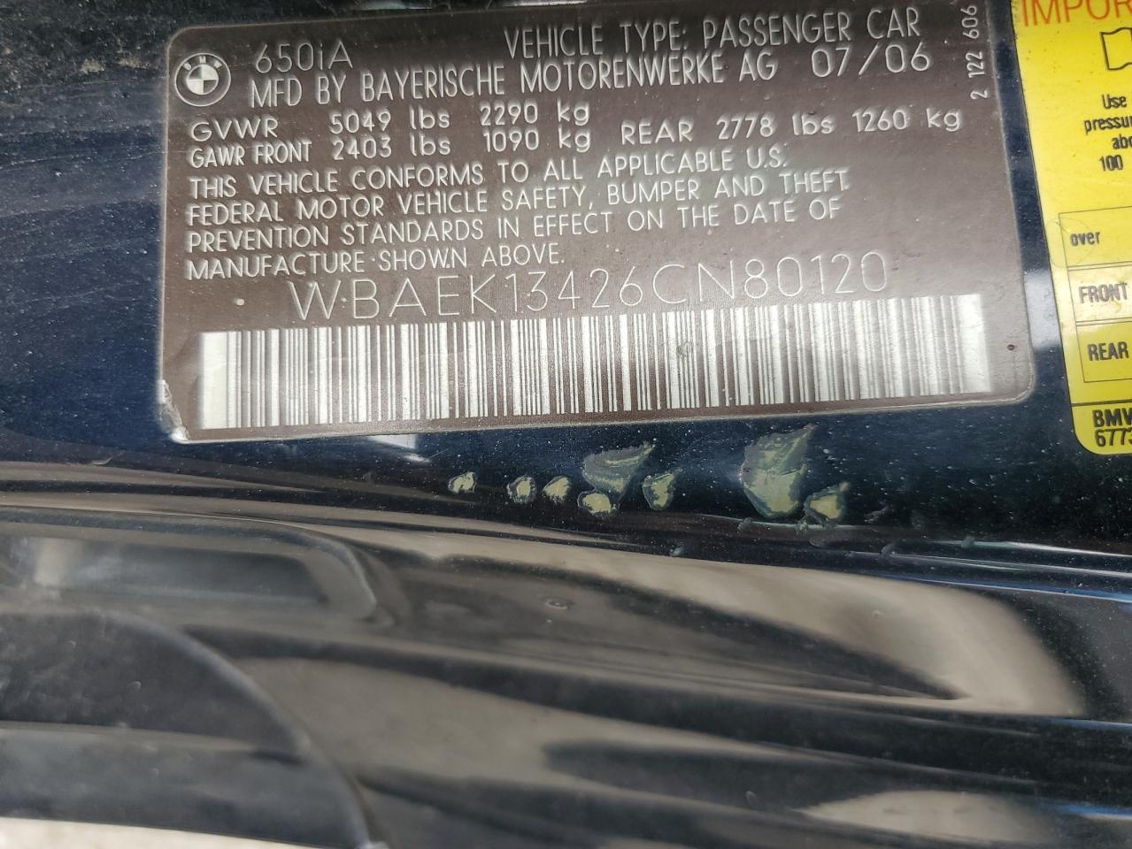 2006 BMW 650 I VIN: WBAEK13426CN80120 Lot: 54787015