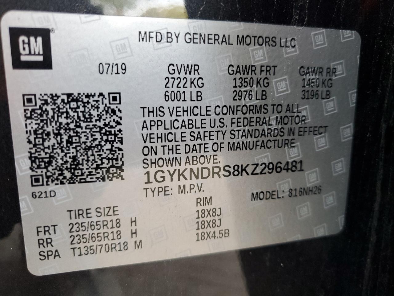 2019 Cadillac Xt5 Luxury VIN: 1GYKNDRS8KZ296481 Lot: 50542765