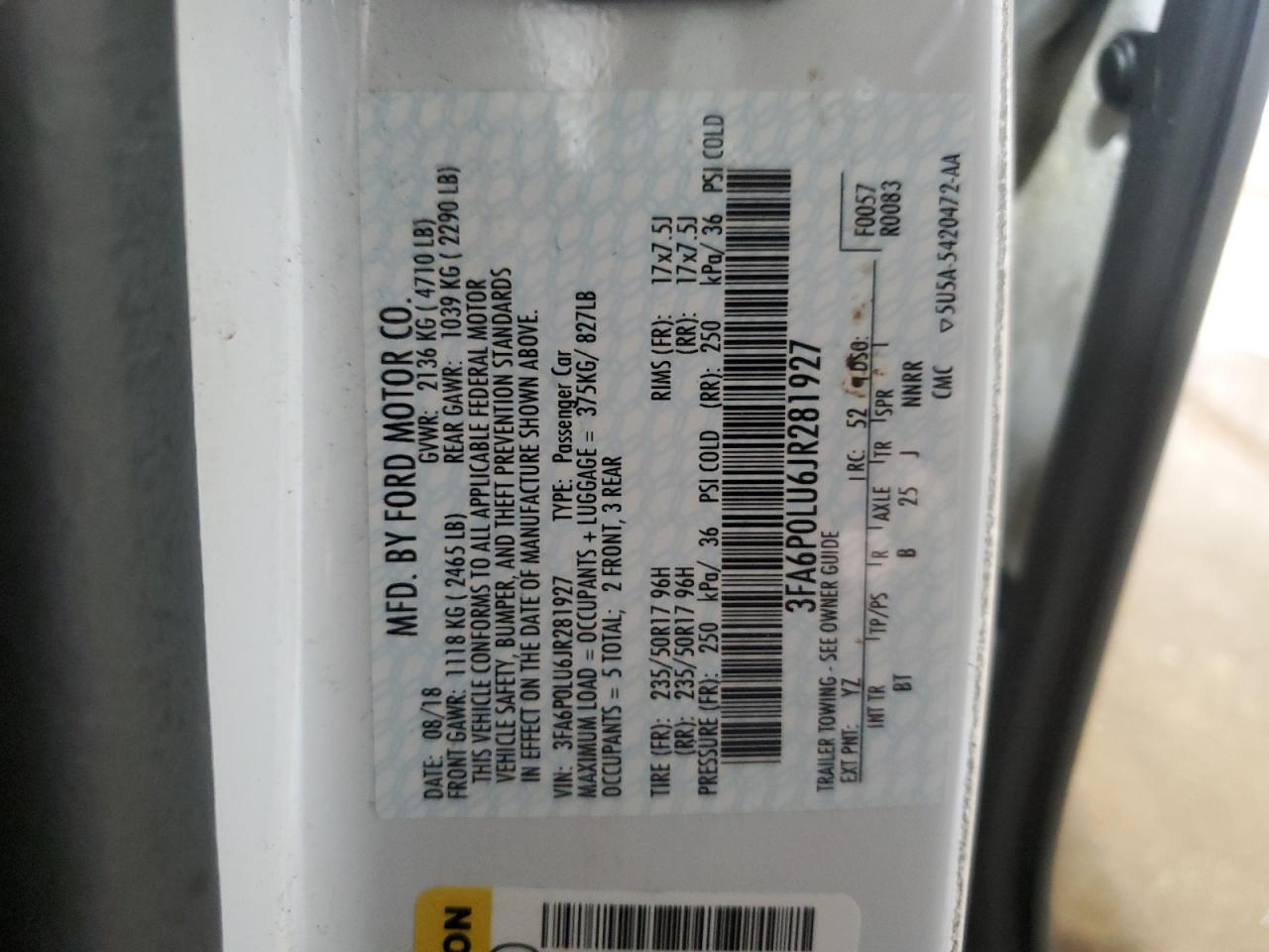 2018 Ford Fusion Se Hybrid VIN: 3FA6P0LU6JR281927 Lot: 54026585