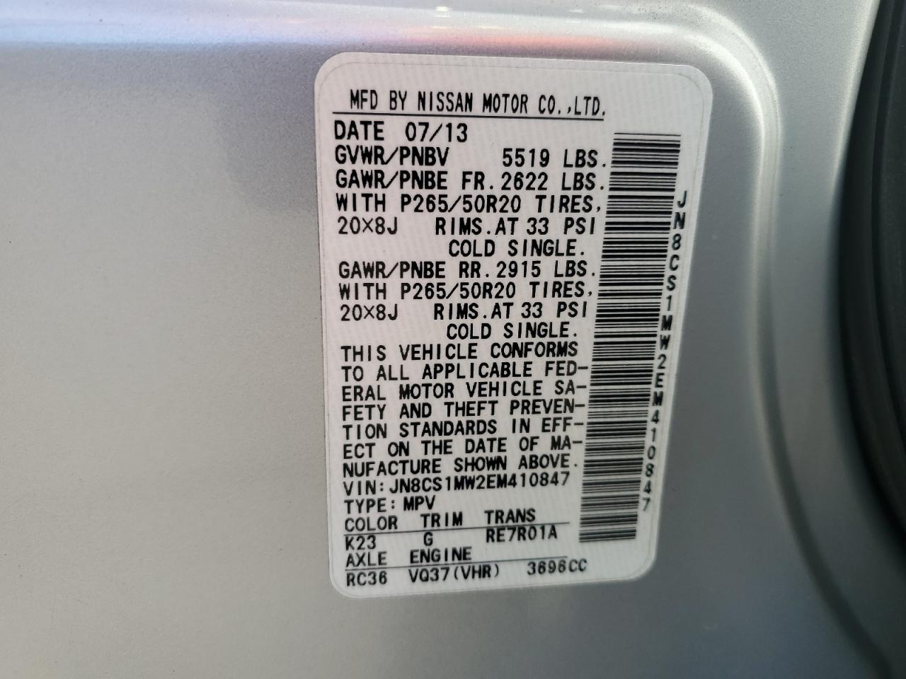 2014 Infiniti Qx70 VIN: JN8CS1MW2EM410847 Lot: 55206065