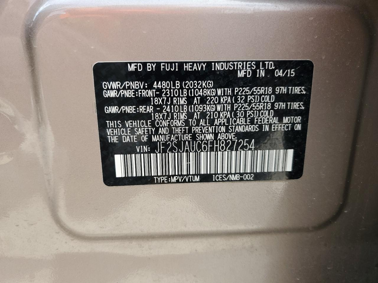 2015 Subaru Forester 2.5I Touring VIN: JF2SJAUC6FH827254 Lot: 53265125