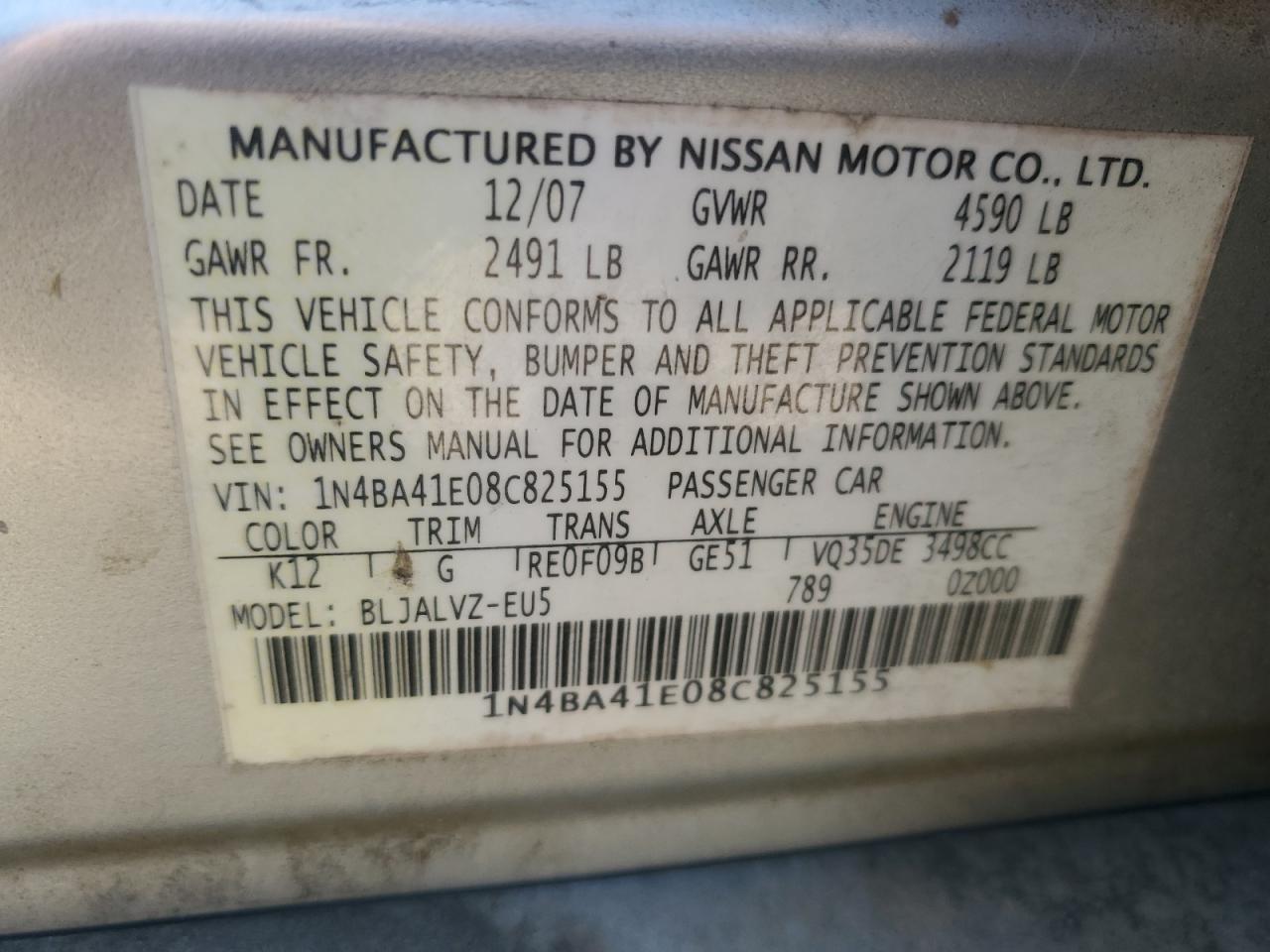 2008 Nissan Maxima Se VIN: 1N4BA41E08C825155 Lot: 60530715