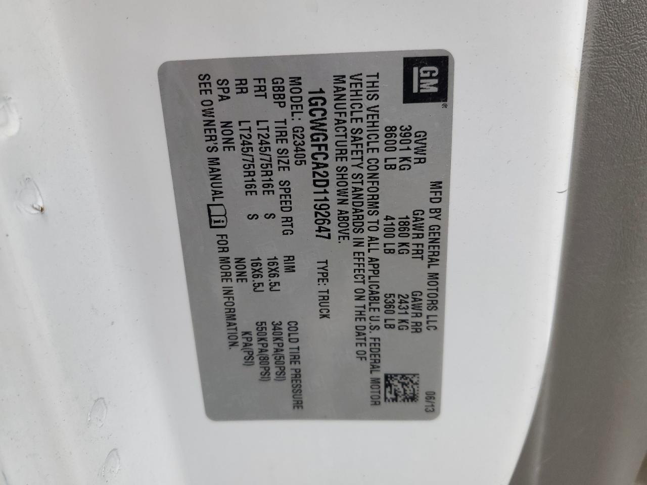 2013 Chevrolet Express G2500 VIN: 1GCWGFCA2D1192647 Lot: 52378505