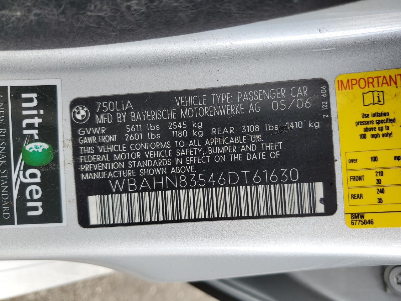 2006 BMW 750 Li VIN: WBAHN83546DT61630 Lot: 54574175