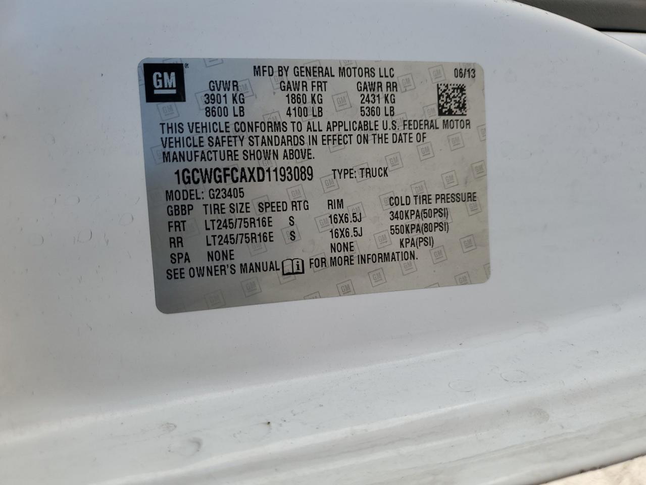 2013 Chevrolet Express G2500 VIN: 1GCWGFCAXD1193089 Lot: 52294285