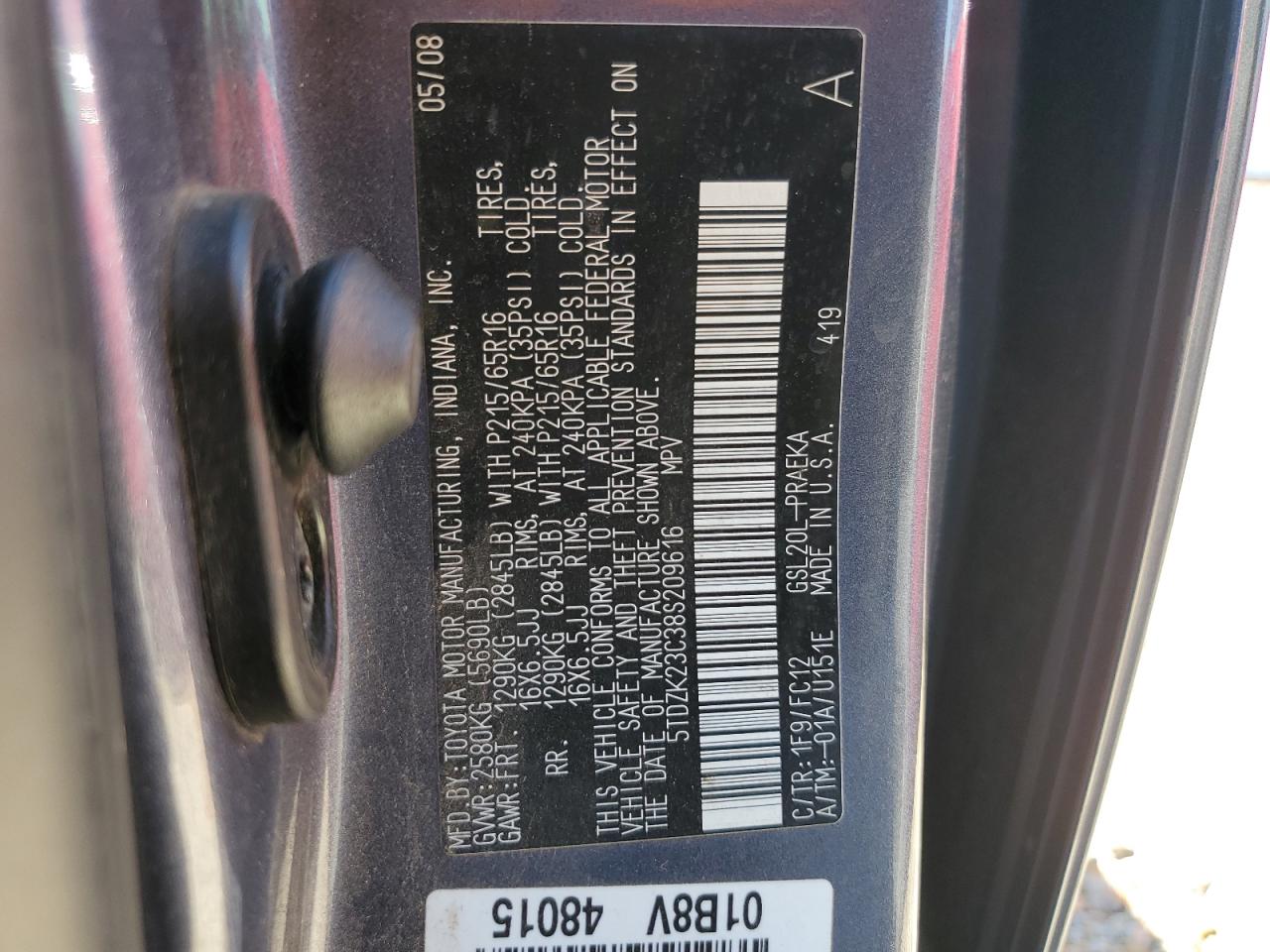 2008 Toyota Sienna Ce VIN: 5TDZK23C38S209616 Lot: 52516735