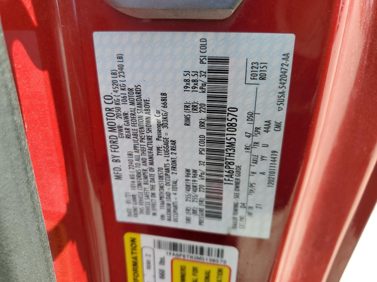 2021 Ford Mustang VIN: 1FA6P8TH3M5108570 Lot: 54667895