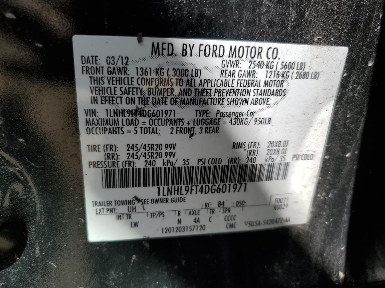 2013 Lincoln Mks VIN: 1LNHL9FT4DG601971 Lot: 53109205