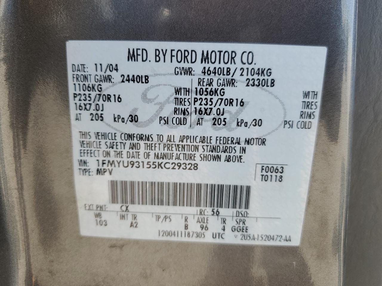 2005 Ford Escape Xlt VIN: 1FMYU93155KC29328 Lot: 52715195