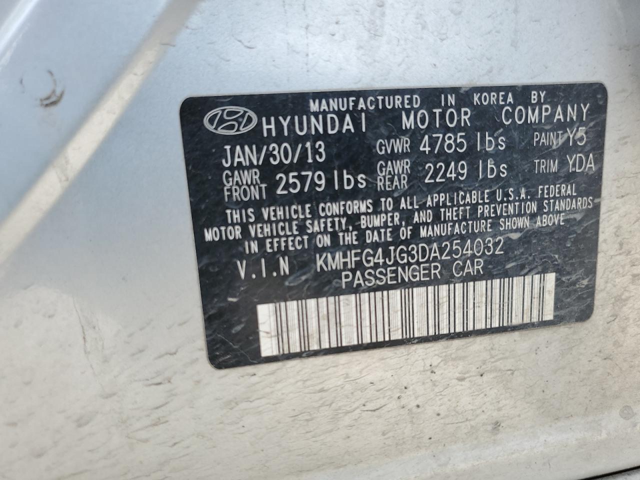 2013 Hyundai Azera VIN: KMHFG4JG3DA254032 Lot: 51163975