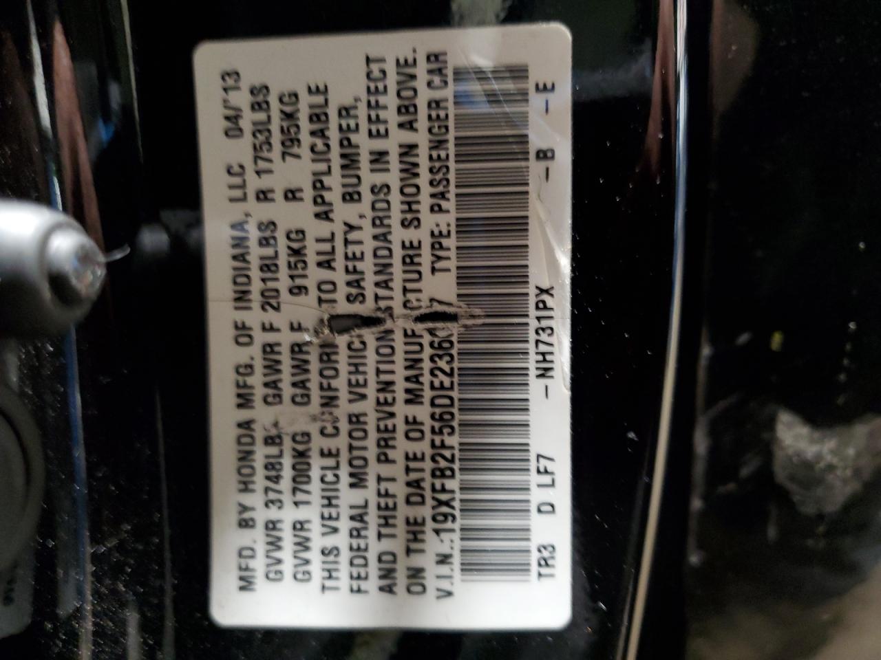 2013 Honda Civic Lx VIN: 19XFB2F56DE236037 Lot: 52756165