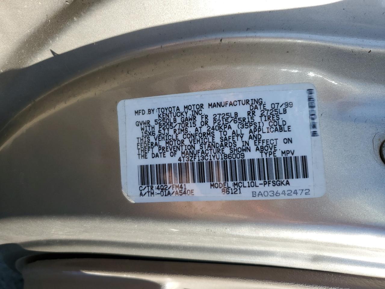 2000 Toyota Sienna Le VIN: 4T3ZF13C1YU186009 Lot: 53212655