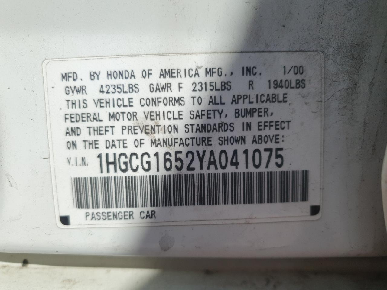 2000 Honda Accord Ex VIN: 1HGCG1652YA041075 Lot: 54228085